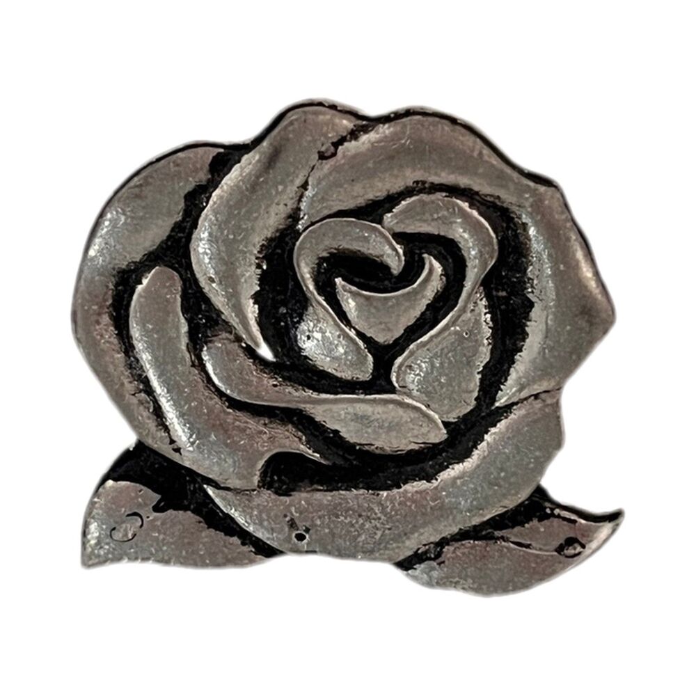 Vintage 1980s Rose Flower Silver Tone Dimensional Figural Tac Pin - 1J